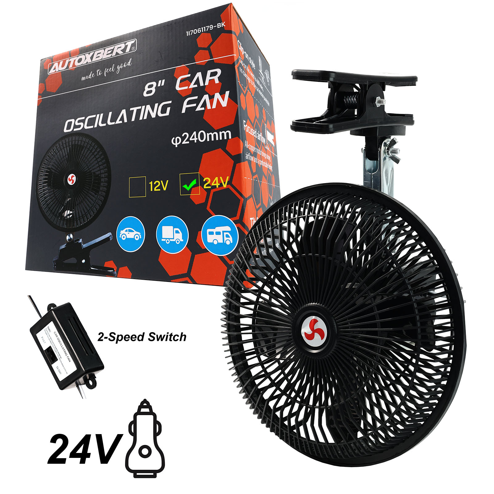 24V 8 ''Zomer Draagbare Draaibare Auto Vrachtwagen Koeling Oscillerende Ventilator Plafond Reizen Verstelbare Clip Op Auto Elektrische Koeler 8 INCH