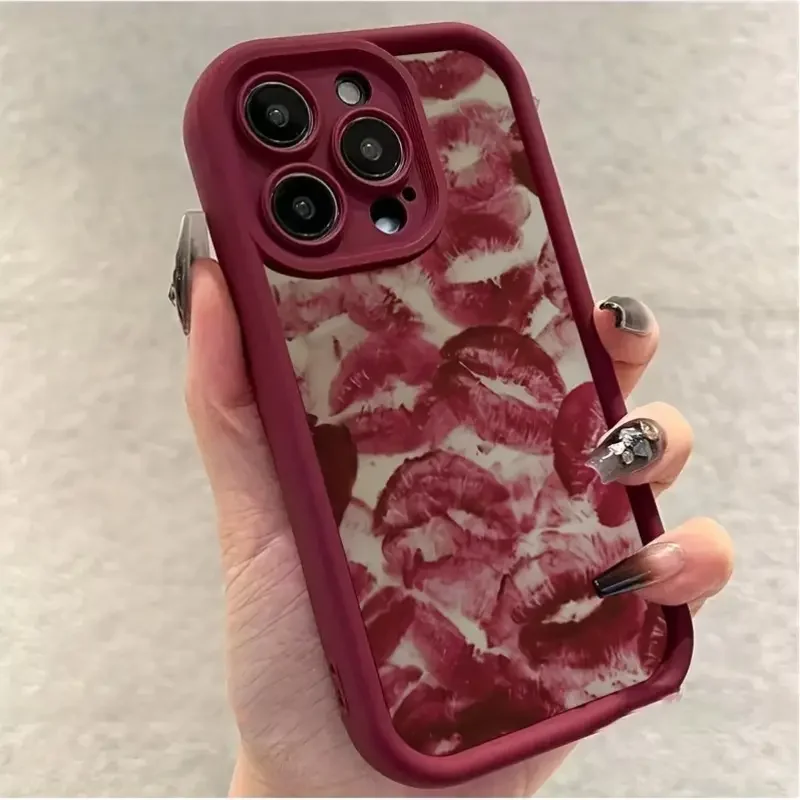 Red lip print phone case for iPhone 11 13 14 15 Pro Max 12 Mini 78 Plus XS XR SE durable anti-fall full coverage