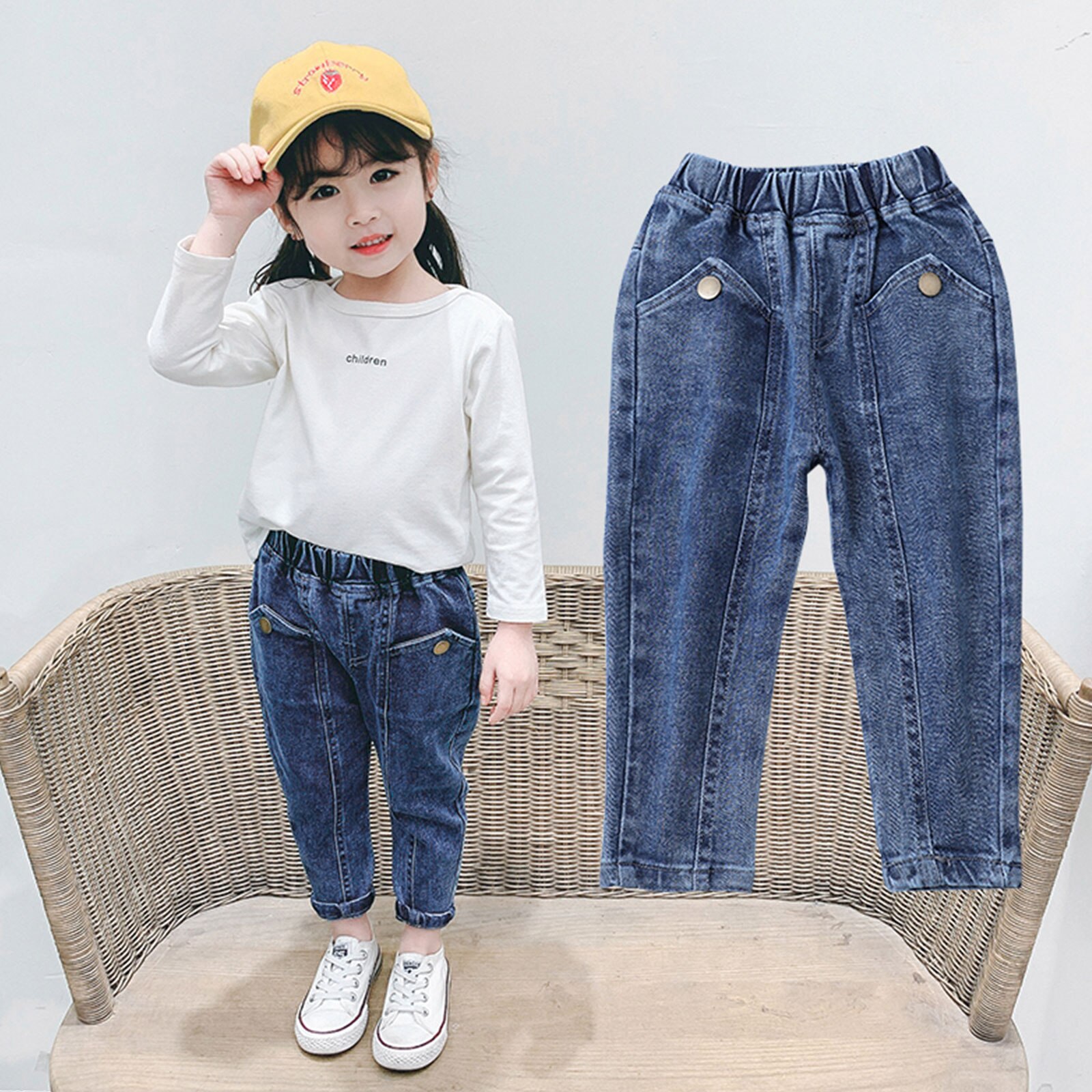 2021 0-5Y Fashion Toddler Baby Girl Pencil Pants pantaloni tinta unita tasca in Denim pantaloni pantaloni lunghi fondo