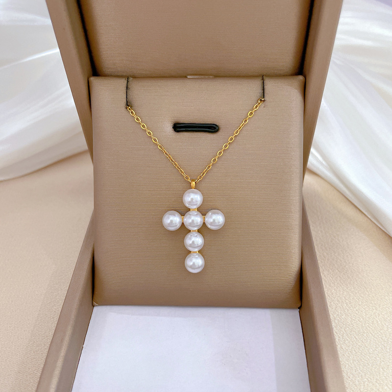 Klassieke Persoonlijkheid Romantische Witte Parel Kruis Ketting Prachtige Christelijke Roestvrijstalen Sleutelbeen Ketting Hanger: Goud-kleur