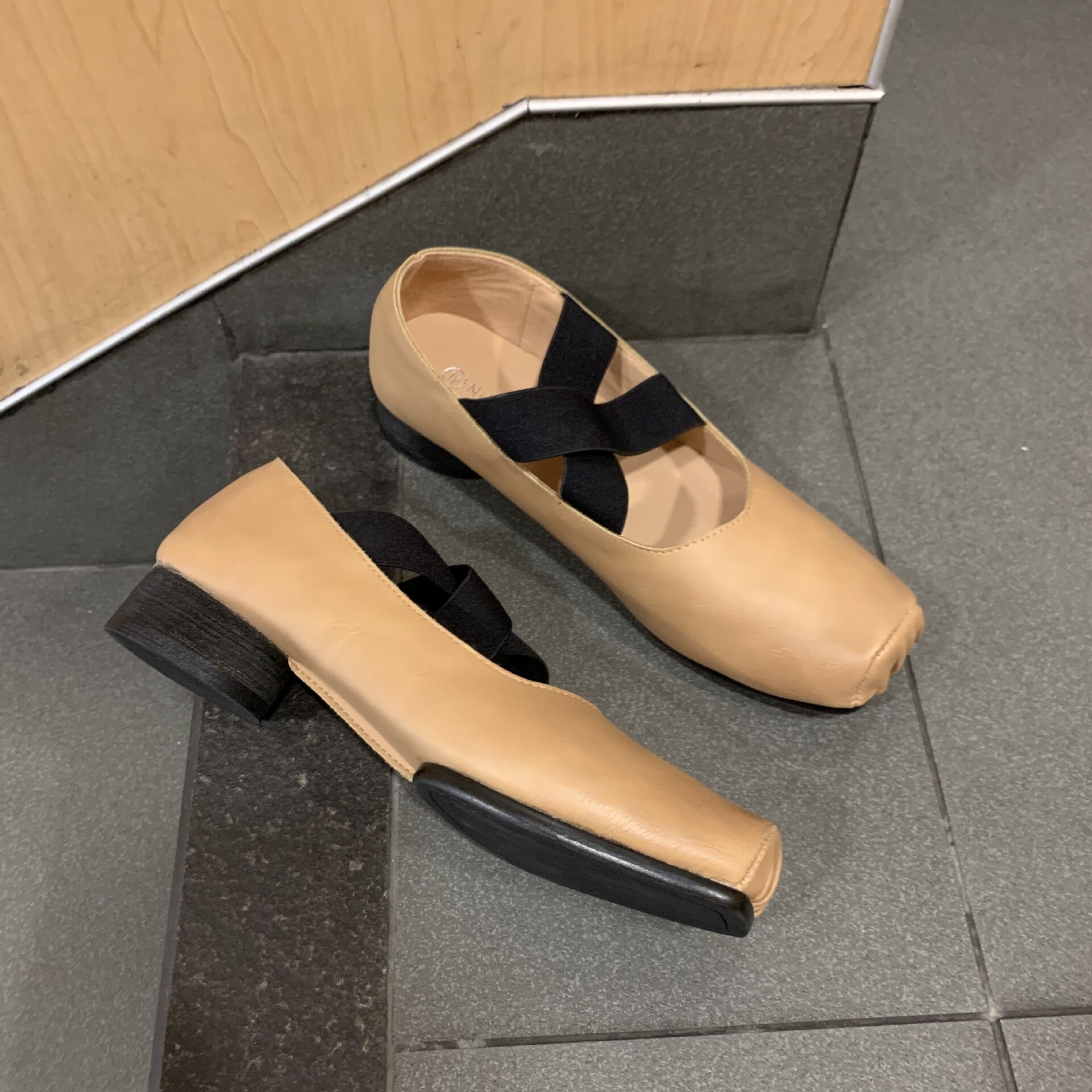 Vintage elastisk korsbånd ballerina ballettsko kvinner pu lær firkantet tå loafers tykke grunne leiligheter høstmokasiner: Khaki / 5