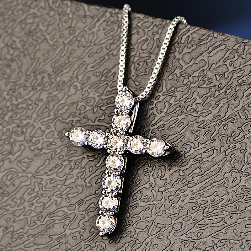 Lucky Female Cross Crystal Pendants Silver Color Chain Necklaces Shiny Zirconia Choker Necklaces Jewelry For Women