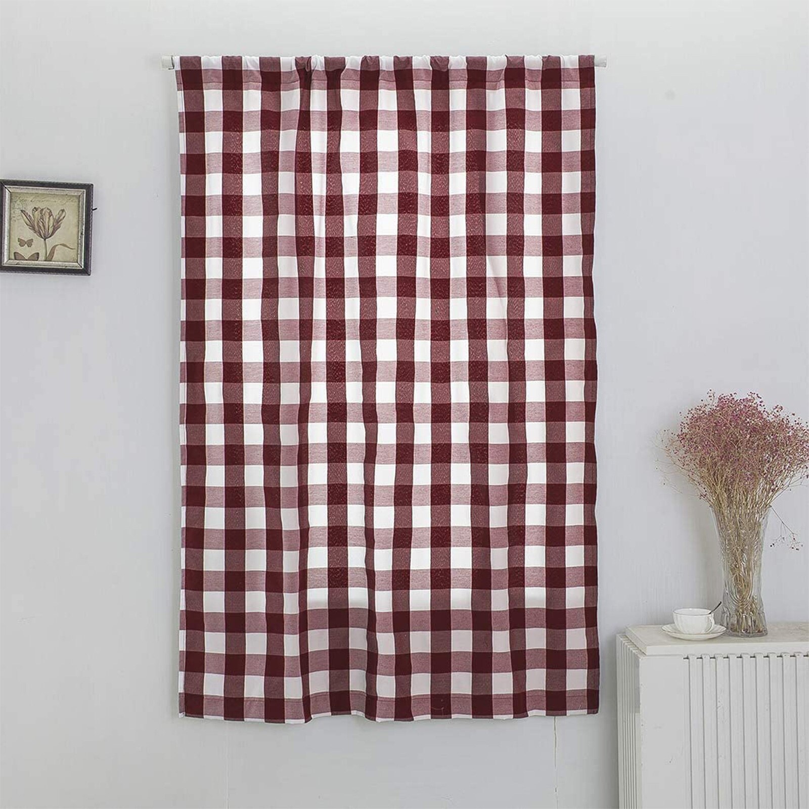 Cortina de ventana corta con estampado a cuadros, persianas romanas ajustables con agujeros, cortinas opacas para sala de estar y cocina