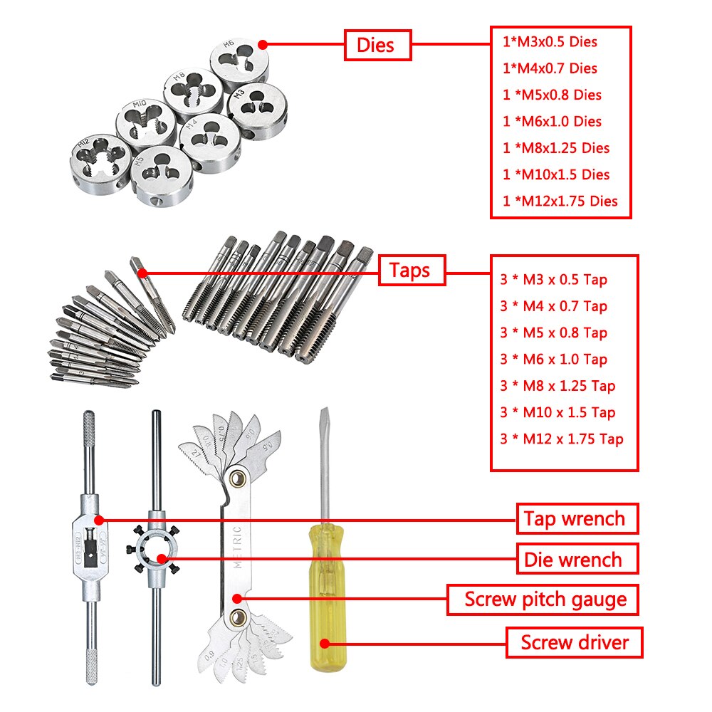 32 Uds HSS Grifo y Die Set métrico llave de corte M3-M12 de carburo de tungsteno grifo morir rosca de tornillo herramienta de fabricación poco conjunto ingeniero Kit