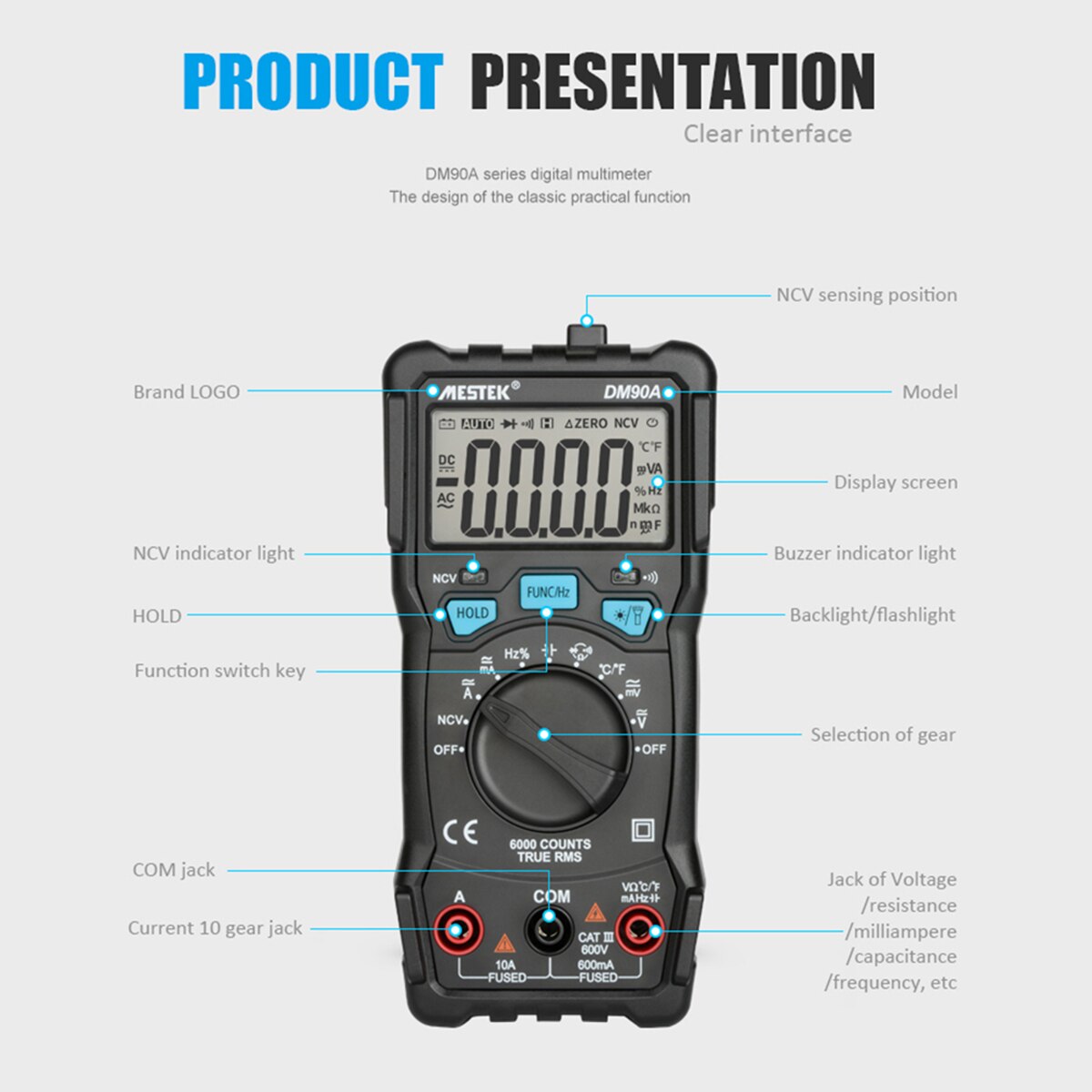 MESTEK DM90A 6000 Counts Auto-ranges True RMS LCD Digital Multimeter AC Voltage/Current Meter Capacitance Resistance Tester