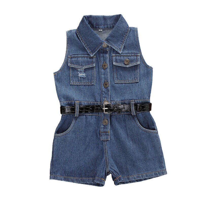 Del bambino Della Ragazza della Lettera di Modo Stampato Denim Salopette Corta Tuta con la Cinghia 2-7Y Capretti Estate Dei Bambini Casual Senza Maniche Etero Tute E Salopette: 4T