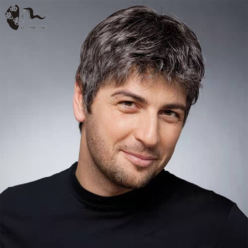 XISHIXIU HAIR Short Men Wig Straight Synthetic Wig for Male Hair Fleeciness Realistic Ombre Grey Wigs