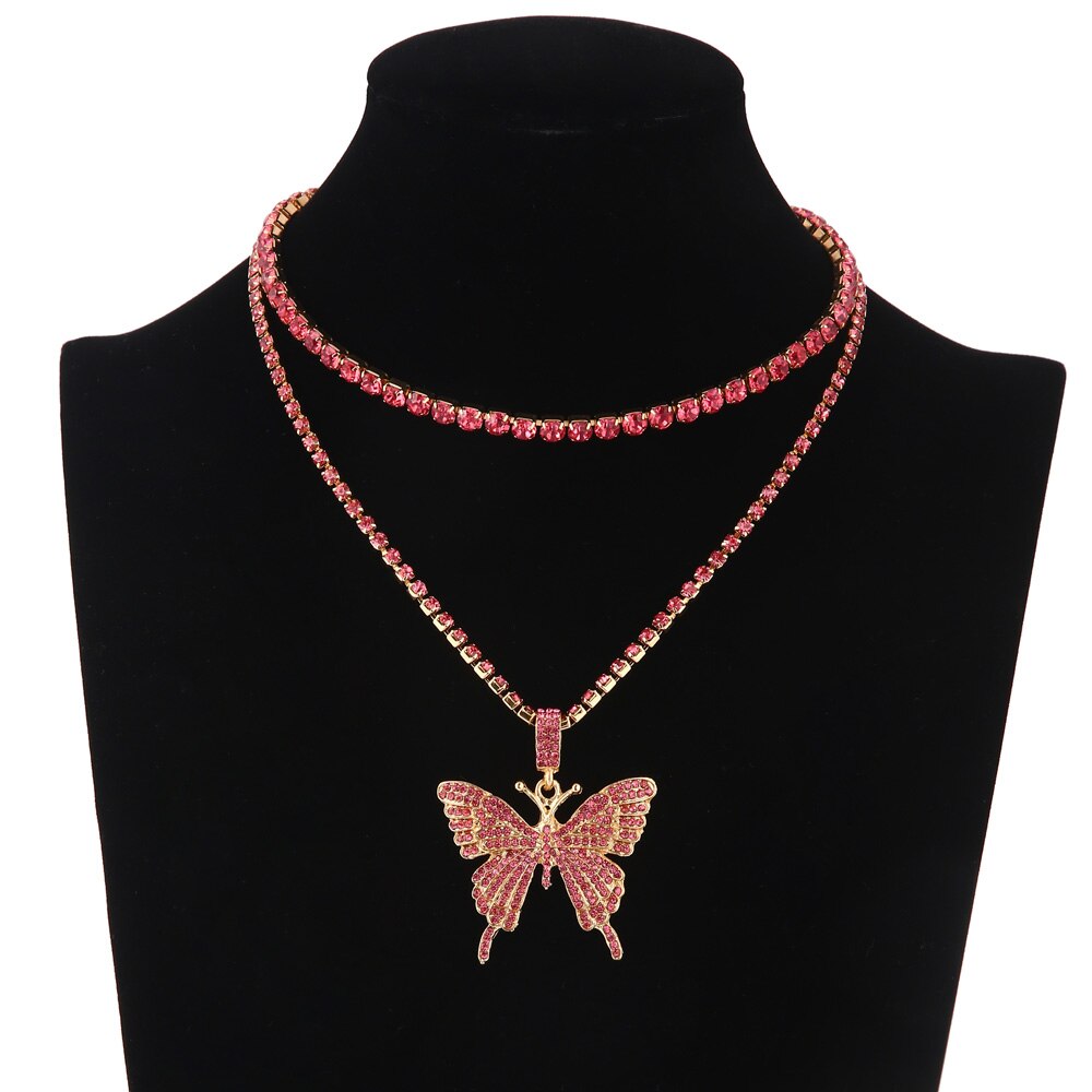 Iced para fora colar de borboleta feminino strass corrente gargantilha na moda bling chocker colares 2020 moda luxo jóias presente: pink