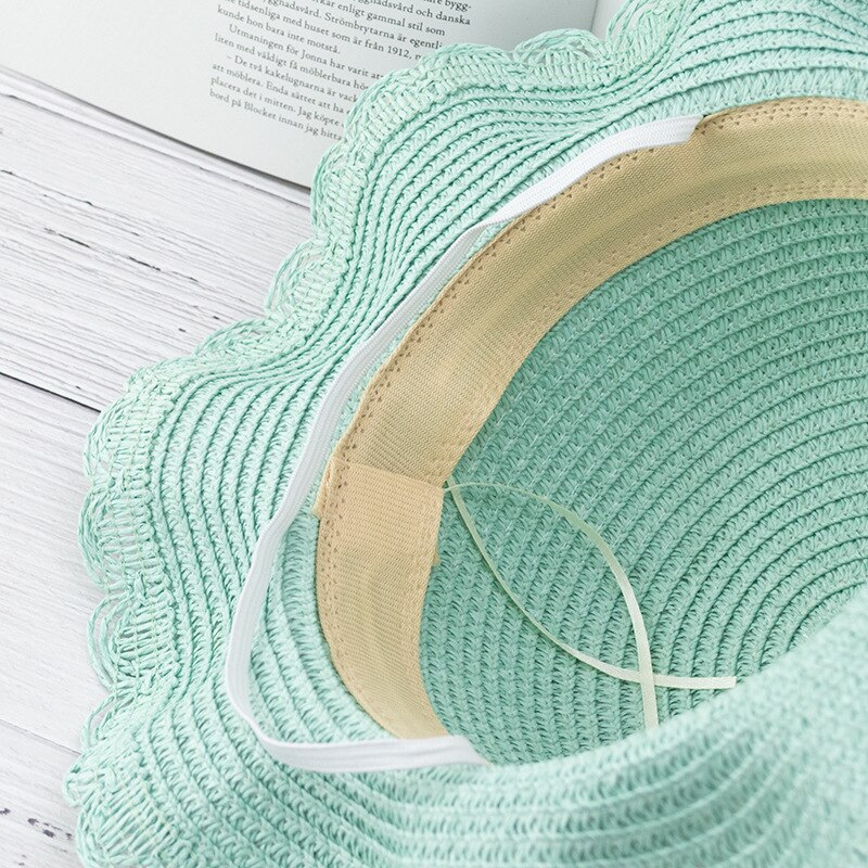 Los niños chica listón con flores sombrero hongo de paja sombreros de Sol para niños de primavera y verano con volantes con ala playa gorra para el sol sombreros