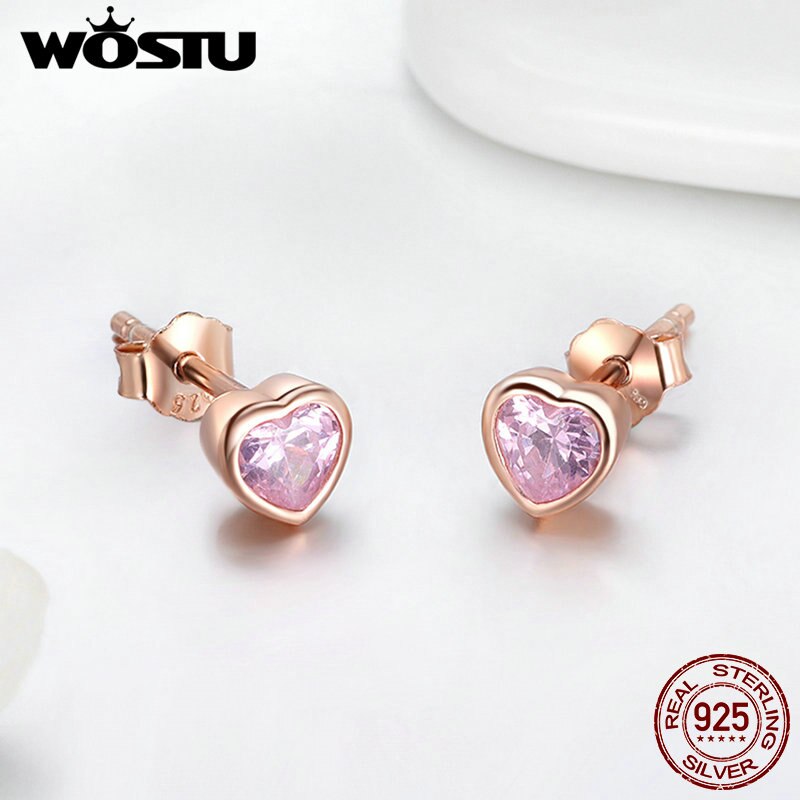 WOSTU Authentische 925 Sterling Silber Rose Gold Herz Stud Ohrringe Für Frauen Funkelnden Rosa CZ Schmuck Silber Party