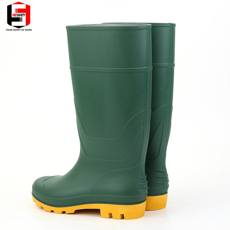 pvc rain boots for farming Green color yellow sole of shoe Industrial Safety Boots top low price waterpoof gum boots