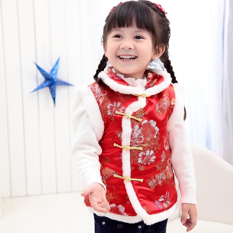 Baby Meisjes Gewatteerde Jassen Festival Vest Meisje Donsjack Chi-Pao Chinese Kinderen Qipao Bovenkleding Dikke Outfits Vest