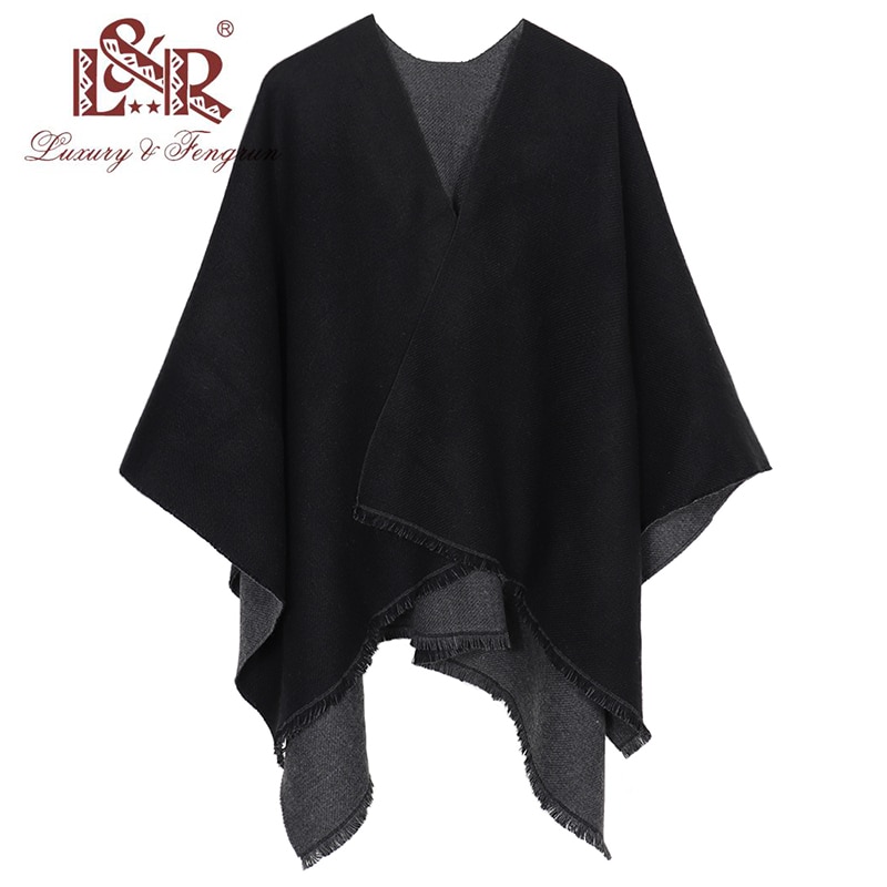 Mode Dubbele Kanten Winter Poncho Kasjmier Vrouwen Poncho Sjaal Foulard Femme Wollen Sjaal Poncho En Caps Tassle