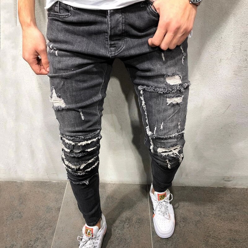 Nueva Slim Fit apretado agujero Vaqueros Hombre Vaqueros Skinny botón pantalones de pitillo vaqueros de talla grande otoño Pantalones Hombre