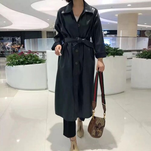 KMETRAM Spring Autumn Jacket Women Faux Leather Jacket Women Streetwear Long Trench Coat Female Windbreaker Chaqueta Mujer 5475: black / M