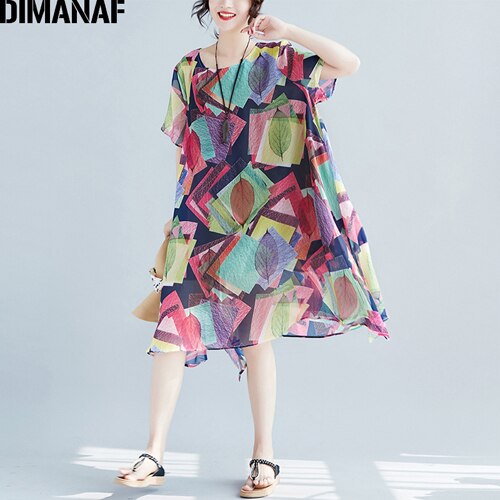 DIMANAF Women Dress Summer Plus Big Size Chiffon Hawaiian Lady Vestidos Print Panelled Female Casual Beach Sundress: One Size