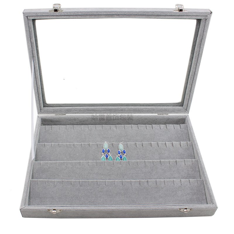 Big Velvet Gray Carrying Case with Glass Cover Jewelry Ring Display Box Tray Holder Storage Box Organizer Earrings Ring Bracelet: style 7