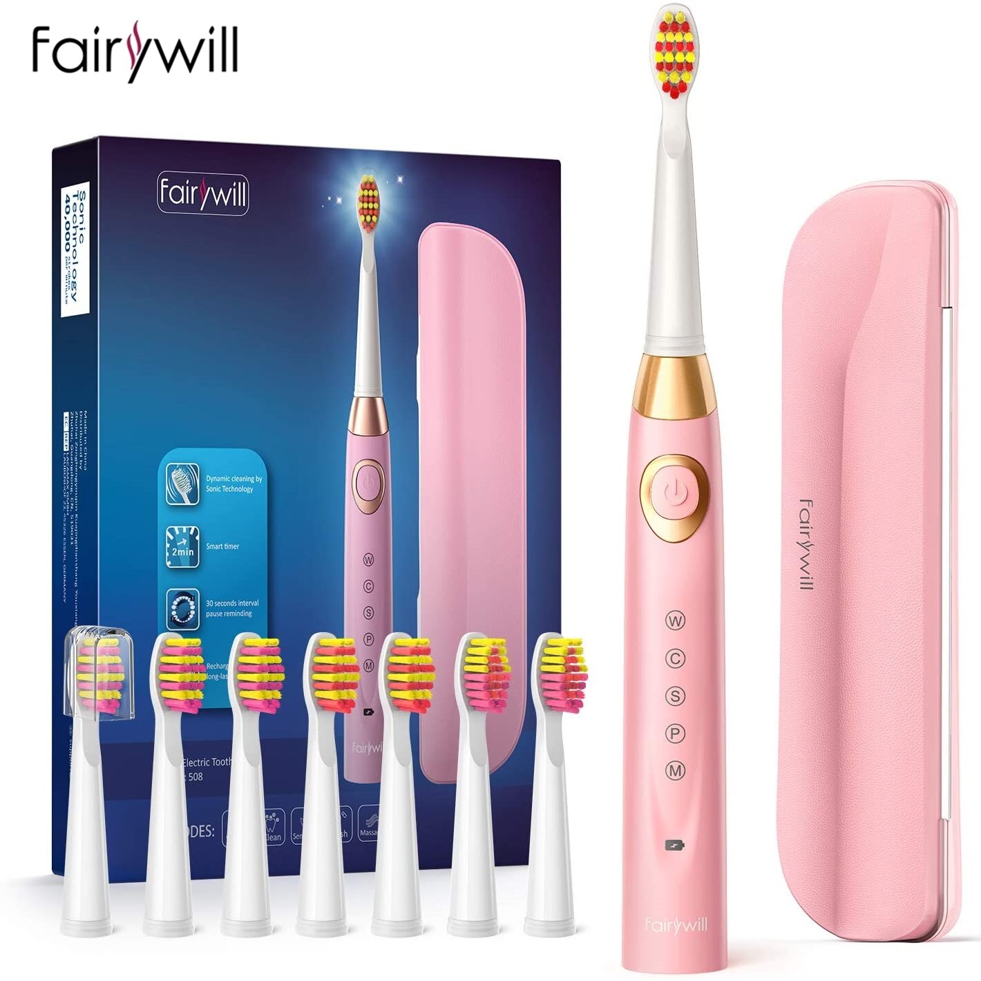 Fairywill Electric Toothbrush FW-507 USB Charger IPX7 Waterproof 5 Mode Sonic Electric Toothbrush Timer Brush with 8 Brush Heads: FW-ET508Pink-420-8BH