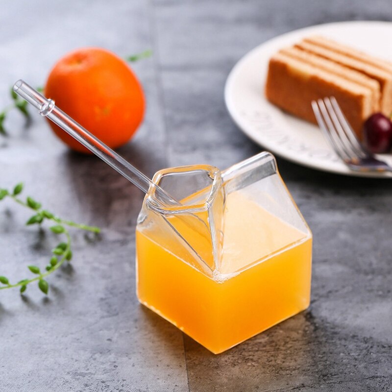 250ml Milk Carton Half Milk Cup Box Mini Creamer Jug Glass Milk Mug Cream Cup Transparent Glass Cup