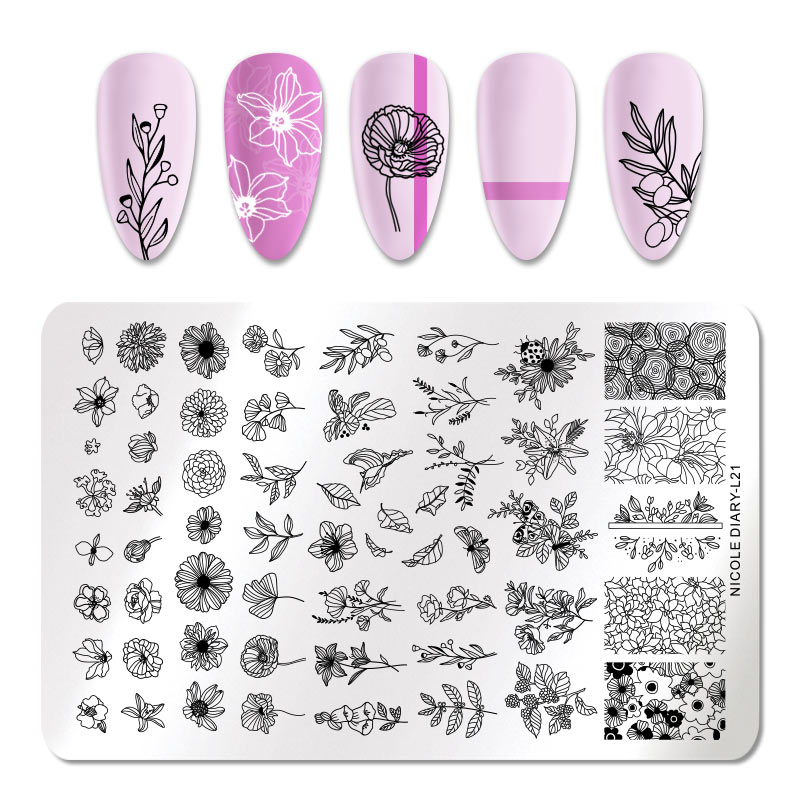 Nicole Dagboek Grote Rechthoek Stempelen Plaat 14.5*9.5 Cm Bloemen Bloemen Rvs Nail Art Stencil Plant Stempel template