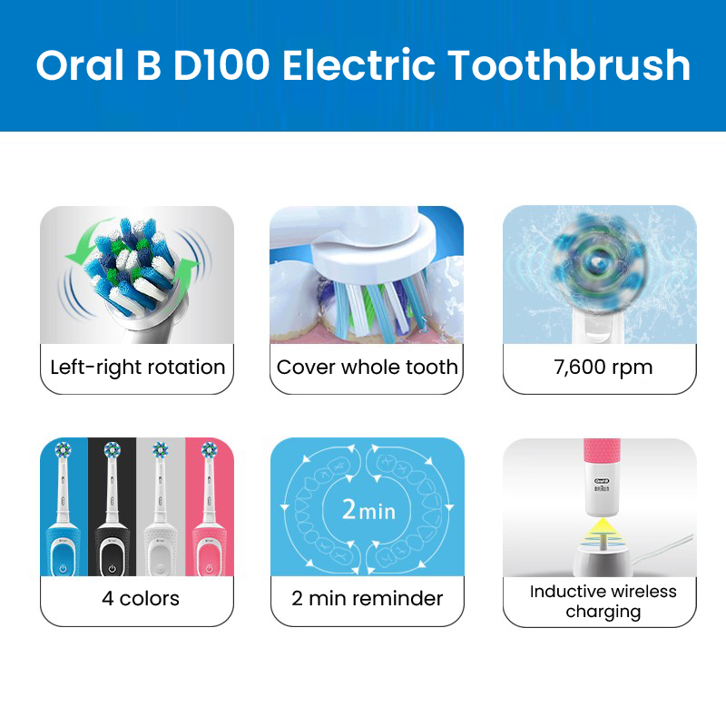 Oral B D100 elektrische Zahnbürste, kleiner runder Bürstenkopf mit 4-Bürstenkopf-Timer, Tiefenreinigung, Aufhellung der Zähne, Zahnbürste