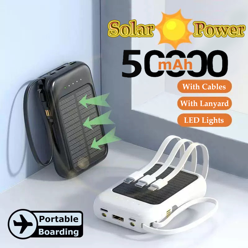 Banco de energía Solar de 50000mah con 4 Cables de carga luces LED batería externa portátil suministro de emergencia para todos los teléfonos móviles