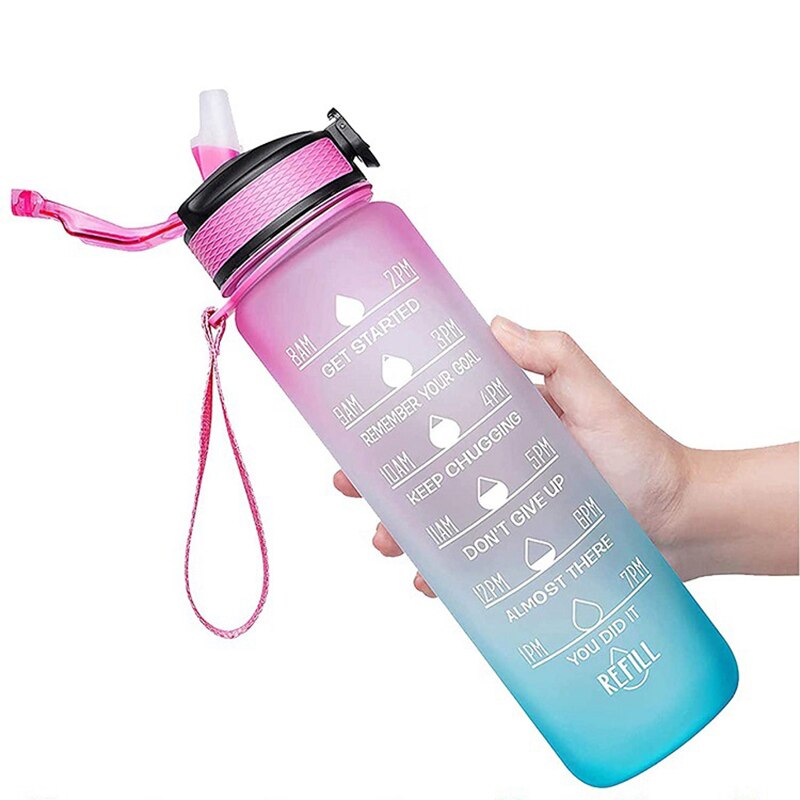 Botella de agua deportiva con pajita, vaso esmerilado sin BPA, a prueba de fugas, para deportes al aire libre, 1 Litro: Pink Blue
