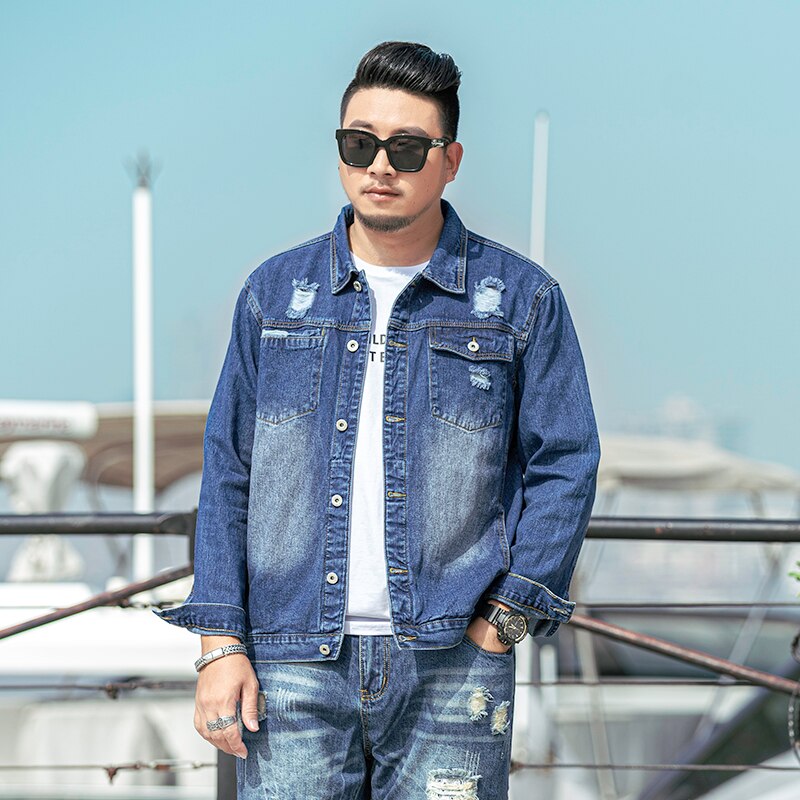 Plus Size 5XL 6XL 7XL Brand Men's Casual Denim Jacket 98% Cotton Ripped Hole Spring Autumn Jacket Male