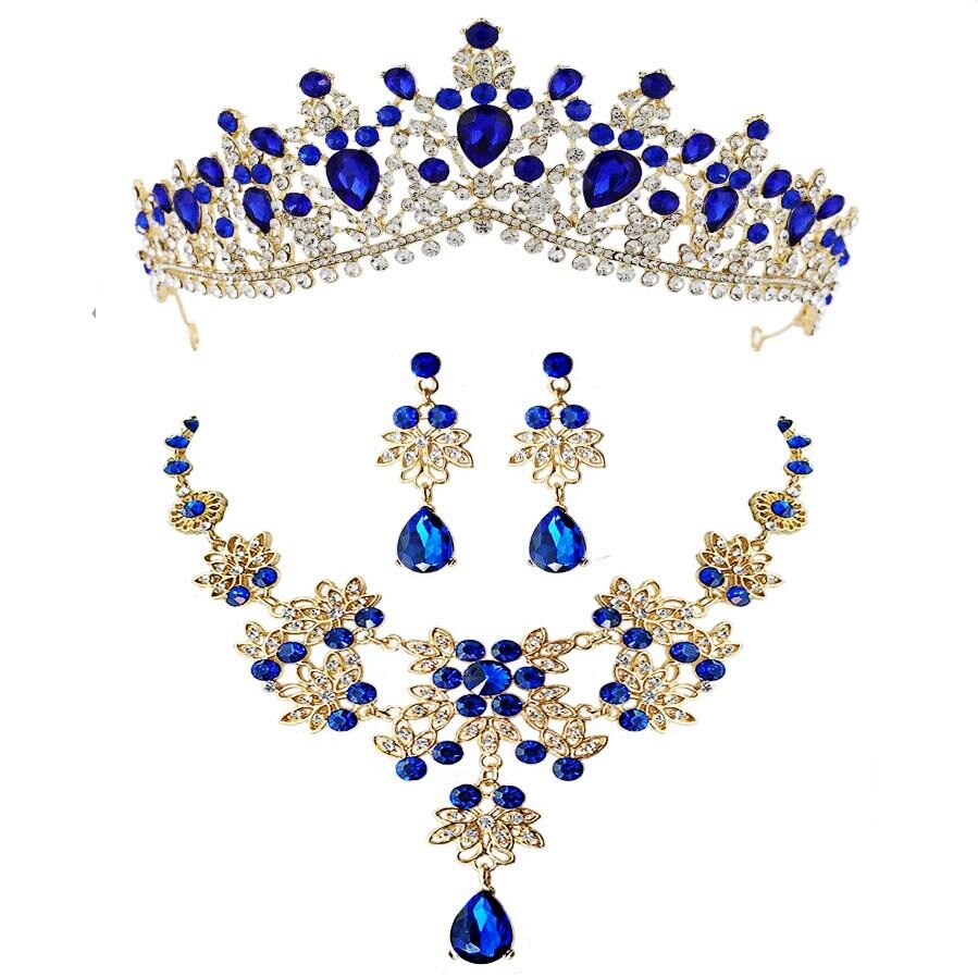 Baroque Retro Gold Red Green Blue Crystal Bridal Jewelry Sets Necklace Earrings Tiaras Crown Wedding African Beads Jewelry Set: 3Pcs Blue  Set