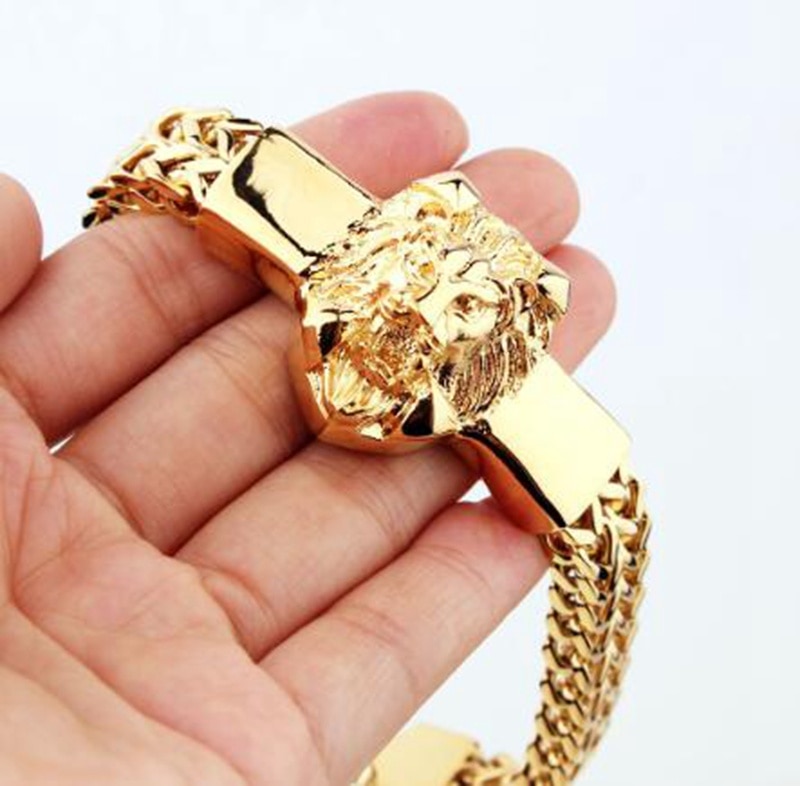 Overdrijving Rvs Ketting Gouden Leeuwenkop Punk Armband Voor Mannen Sieraden: A10183-Gold