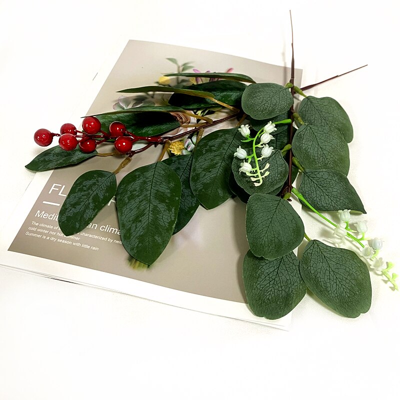 1 pçs folhas de eucalipto artificial hastes ramos eucalipto plantas artificiais para buquês de flores decoração do feriado do casamento vegetação