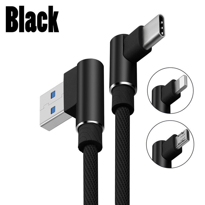 Câble tressé Type C/IOS/ Micro USB, 90 degrés, Angle droit, synchronisation rapide des données, chargeur: Black1