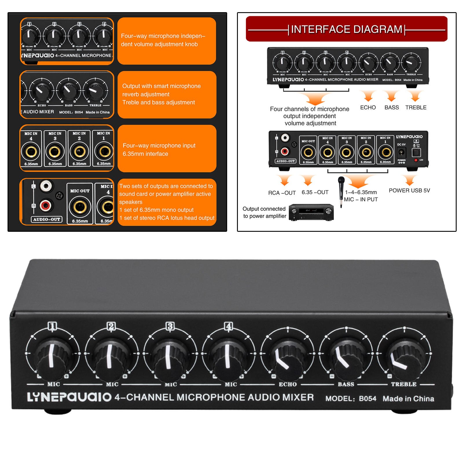 5-Way Stereo Active Mixer Audio Multi-Channel Mixer with Headphone Monitor