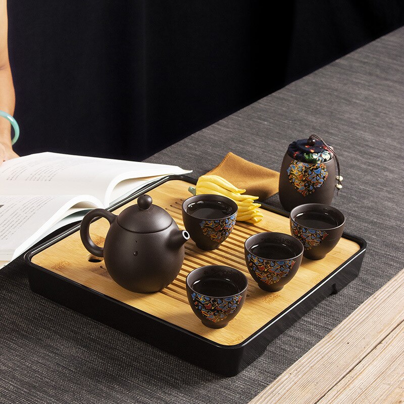 Yixing Dragon Teapot Sets 6pcs Ceramic Purple Clay Kung Fu Travel Tea Set 1 Teapot + 4 Cups + 1 Tank Handmade Teapot Set