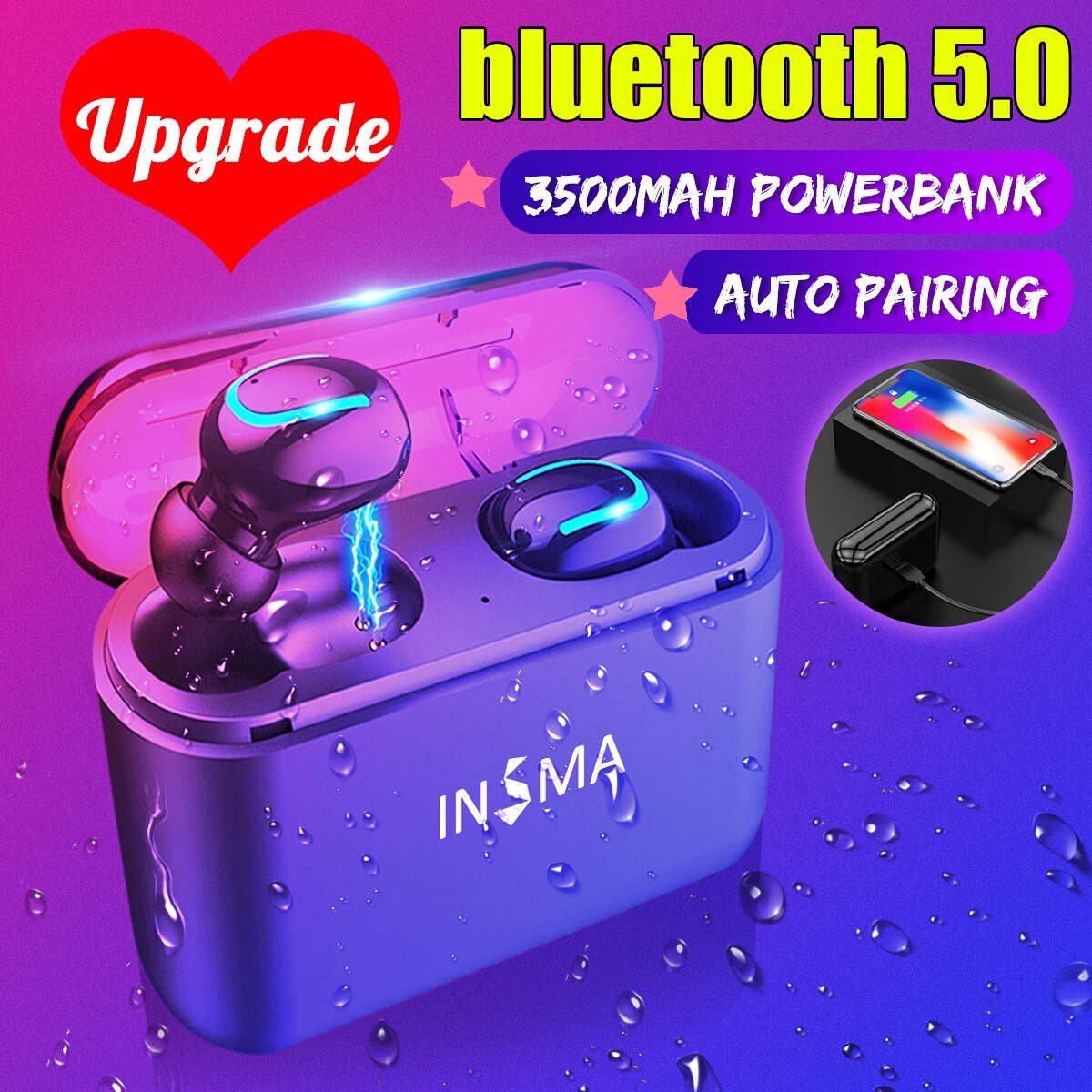 INSMA 3500mAh bluetooth 5.0 Koptelefoon TWS Draadloze Koptelefoon Handsfree Sport Oordopjes Gaming Headset Telefoon