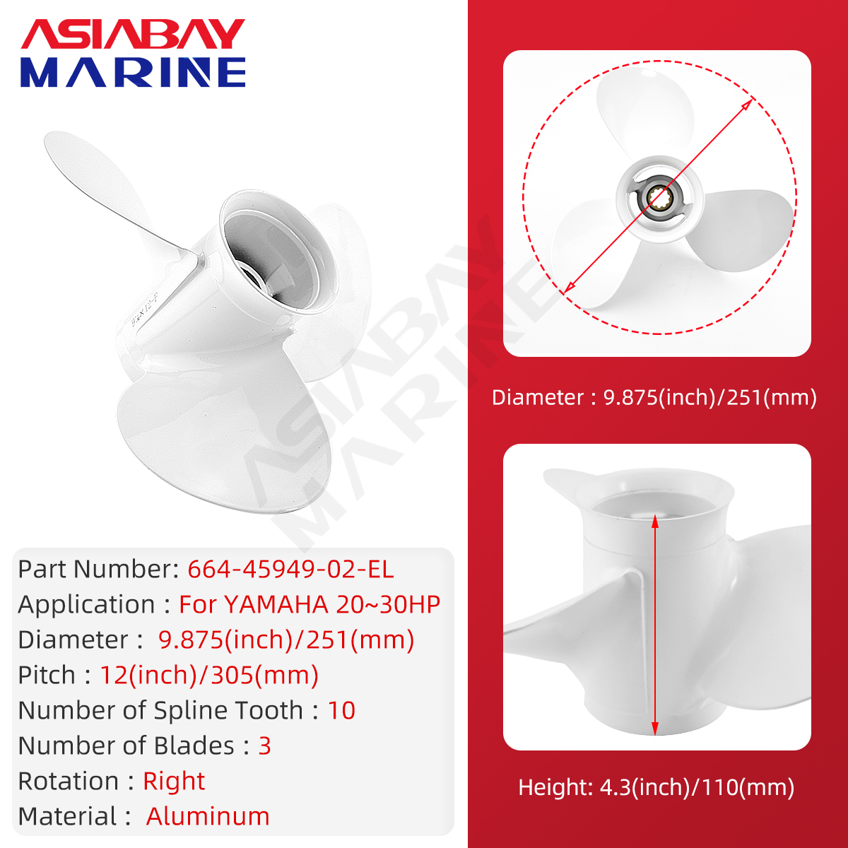 Outboard Propeller For Yamaha 20hp 25hp 30hp 9 7/8*12 Boat Motor Aluminum Alloy Screw 3 Blade 10 Spline Ship Marine Engine Part