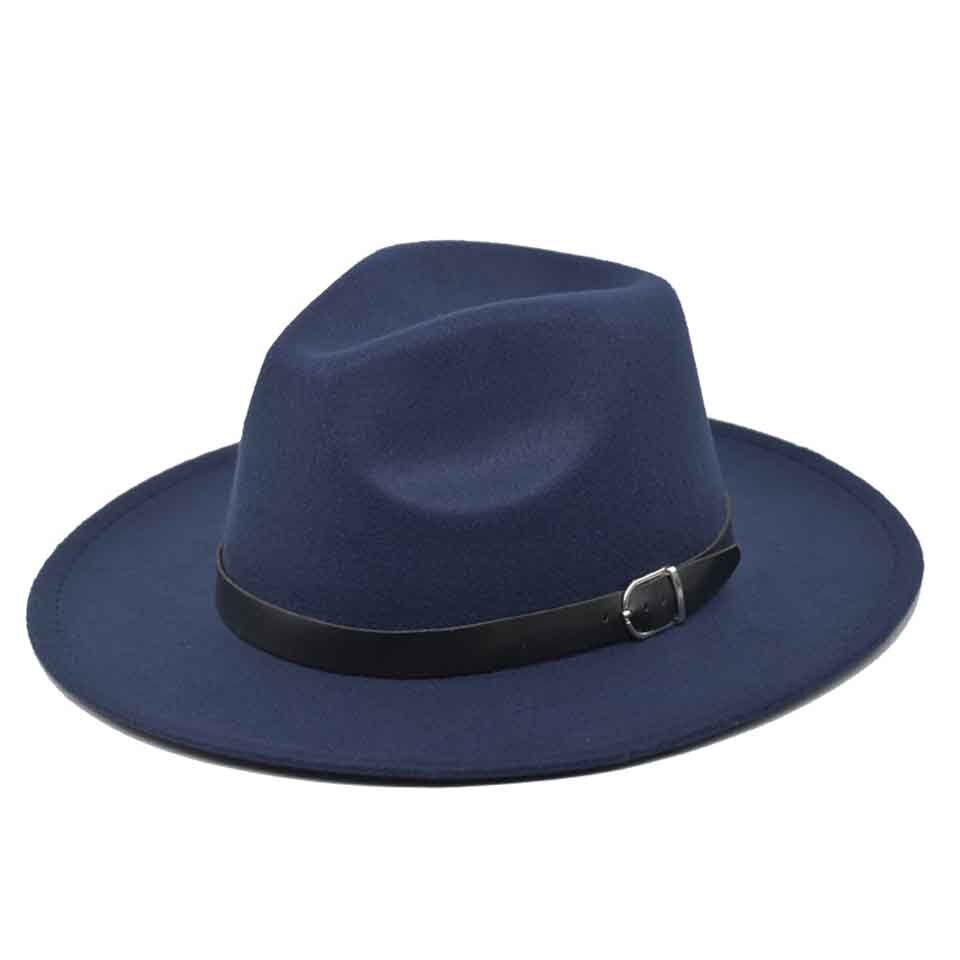 Klassieke Britse Fedora Hoed Brede Rand 8Cm Mannen Vrouwen Imitatie Wollen Winter Vilten Hoeden Mode Jazz Hoed Met Zwarte lederen Gesp: C0200-66