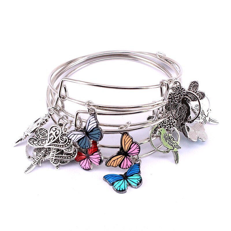 5Pcs Bangle Set Draad Armbanden Voor Vrouwen Meisjes Juwellen Vlinder Dragonfly Boog Bedels Armbanden Manchet Jewlery C044: C047 Platinum Plated