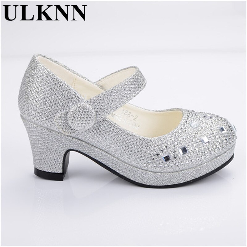 Zapatos con purpurina ULKNN para niñas, niños, Lazo de cristal, tacones altos brillantes, zapatos de princesa, zapatos nuevos de Boca de pescado para niñas, tacón alto, oro plateado