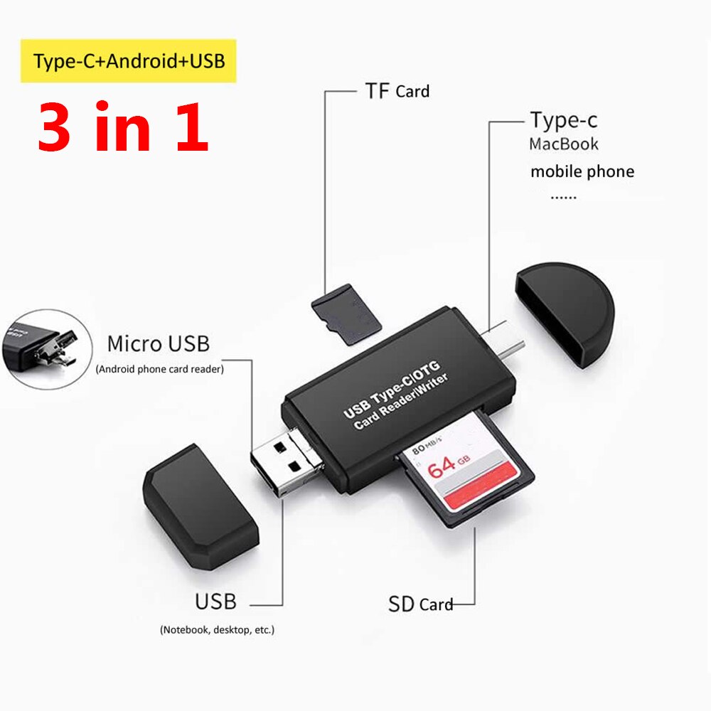 3 In 1 Tf/Sd Memory Card Reader Micro Usb Type-C High Speed Usb 2.0 Otg Adapter voor Telefoon Laptop Computer