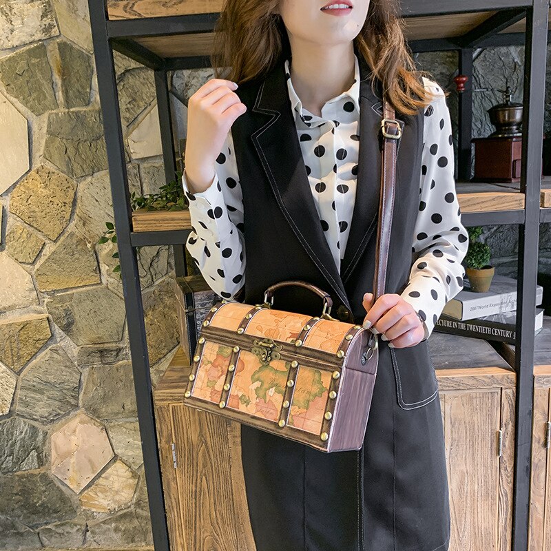 World map treasure chest Women Bags Leather Patchwork Embroidery Handbag Girl Shoulder Bags Cross Body Messenger Bag Female Tote