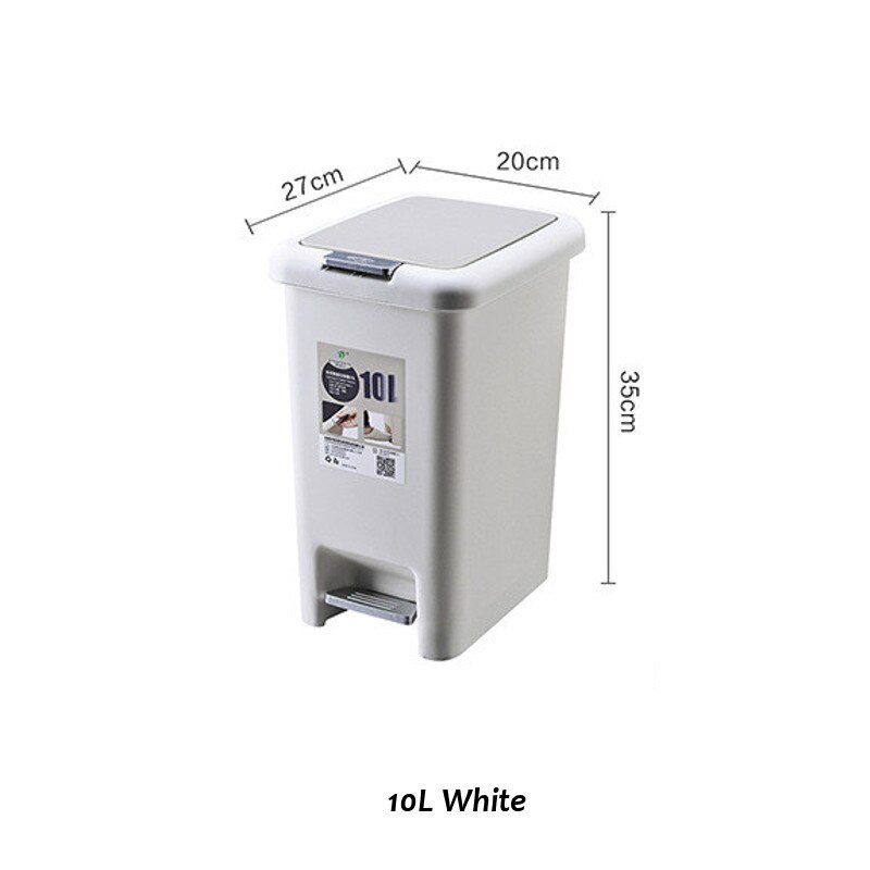 Cubo de basura de plástico de 10l/15l, cubo de basura cuadrado, Pedal de pie para el hogar, cocina, baño, papelera, porta bolsa de basura: White 10L