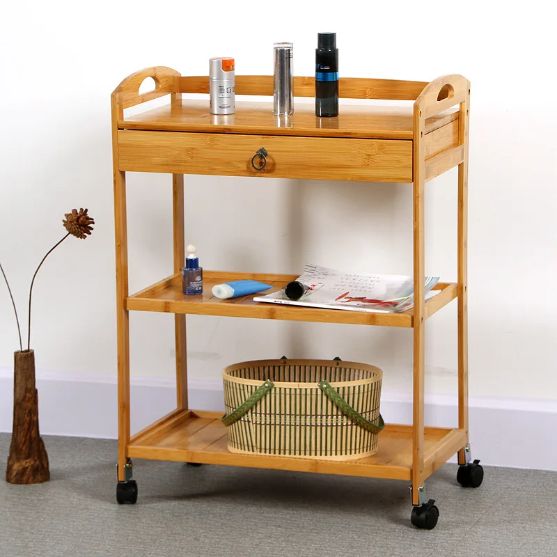 Solid Wood 3 Tier Shelf Serving Table with Wheels Drawer Kitchen Storage Cart Bar Cart Wine Tea Serving Cart Trolley: green