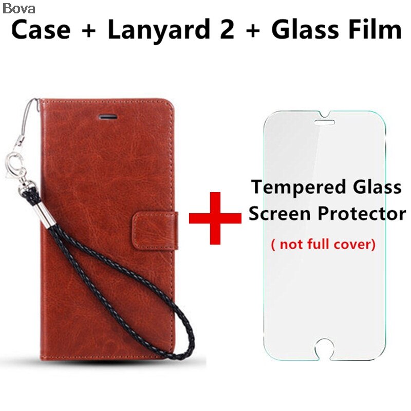Honor 4C card holder cover case for Huawei Honor 4C leather phone case ultra thin wallet flip cover: Brown Lanyard2 Film