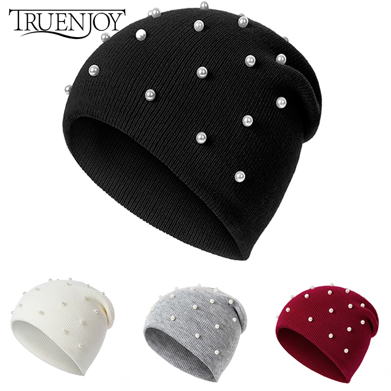 TRUENJOY-gorros de perlas para Otoño e Invierno para mujer, sombrero de punto con solidos y solidos, para sombreros invierno Mujer
