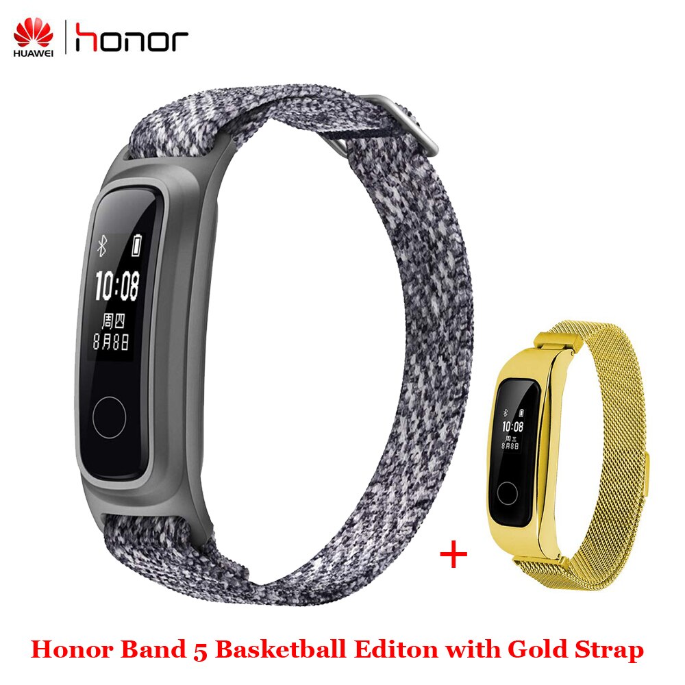 Huawei Honor Band 5 edición baloncesto con correa de Metal pulsera inteligente reloj amuled ritmo cardíaco Fitness rastreador de sueño deportivo: Grey n Gold