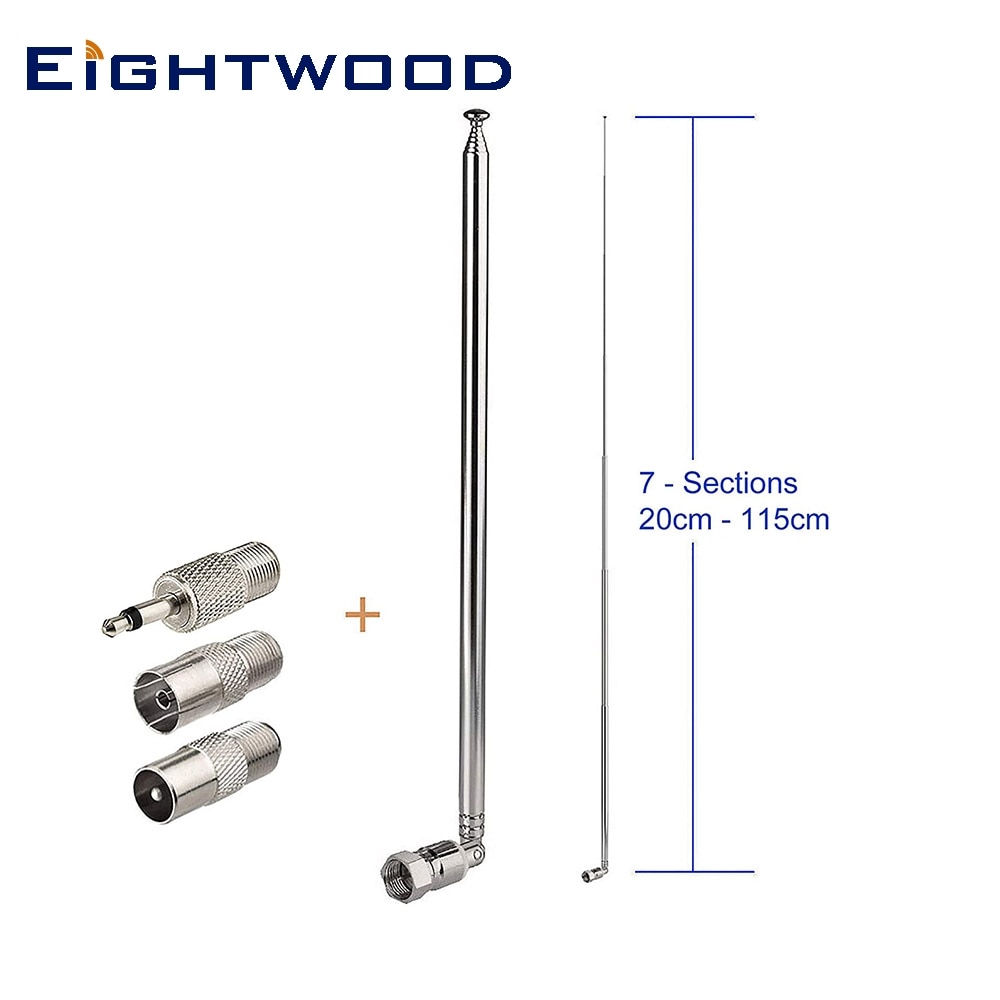 Antenne FM/DAB Télescopique 76 Cm, 7 Sections - Connecteur Type F Avec 3 Adaptateurs - Pour Radio, TV, Chaîne HiFi