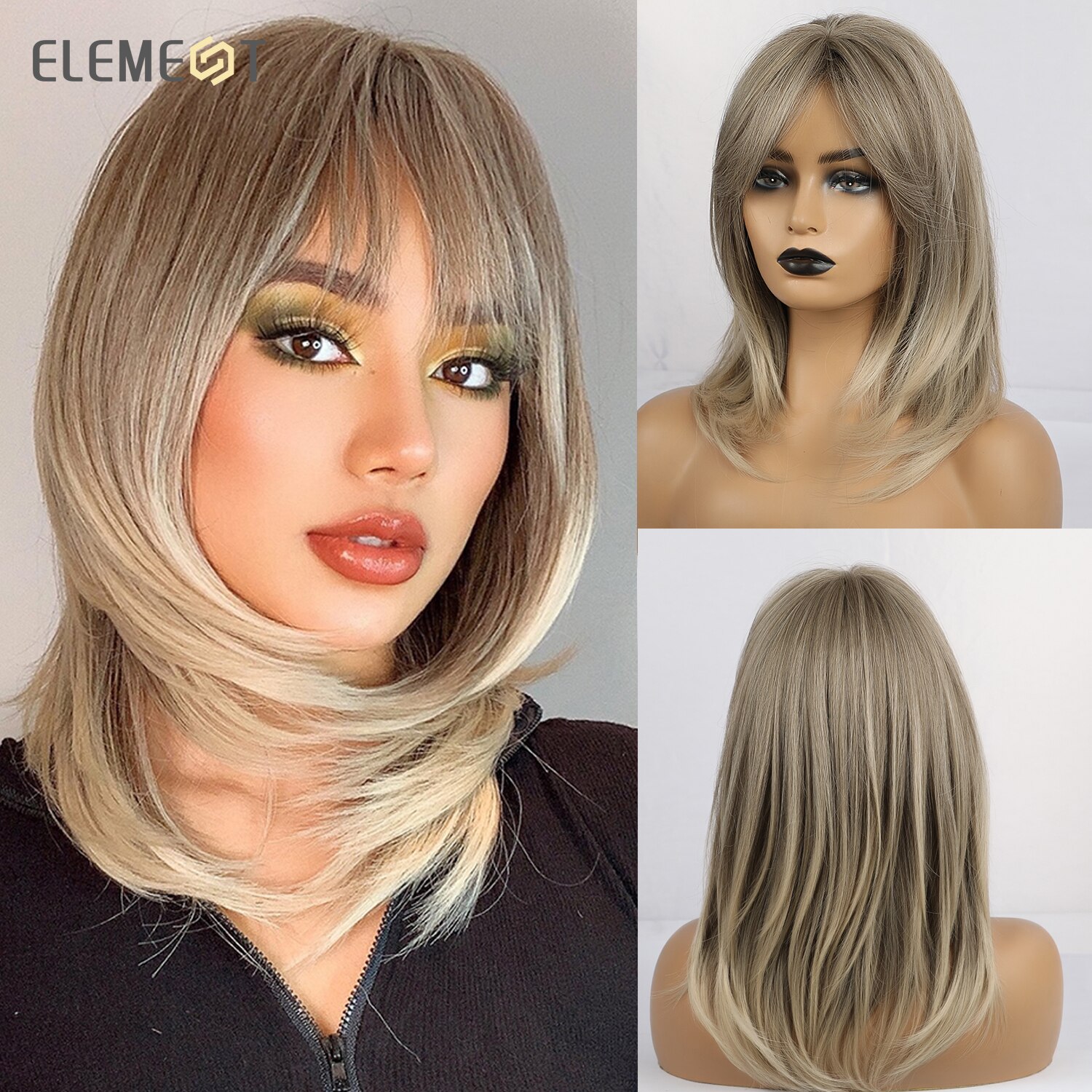 Element Synthetic Short Straight Bob Wigs for White/Black Women Ombre Brown Blonde Cosplay Party or Daily Wigs with Bangs: lc242-4