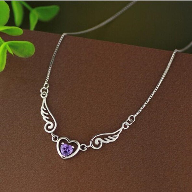 coréenne chaude Simple 925 bijoux en argent Sterling ange amoureux violet cristal pendentif clavicule chaîne colliers H1