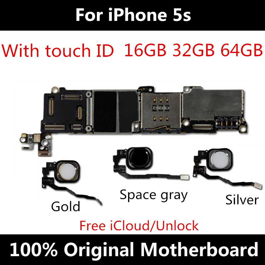 Motherboard 5S For iPhone Unlocked Mainboard 16GB 32GB 64GB 100% Original With Touch ID IOS System Full Function Logic Board